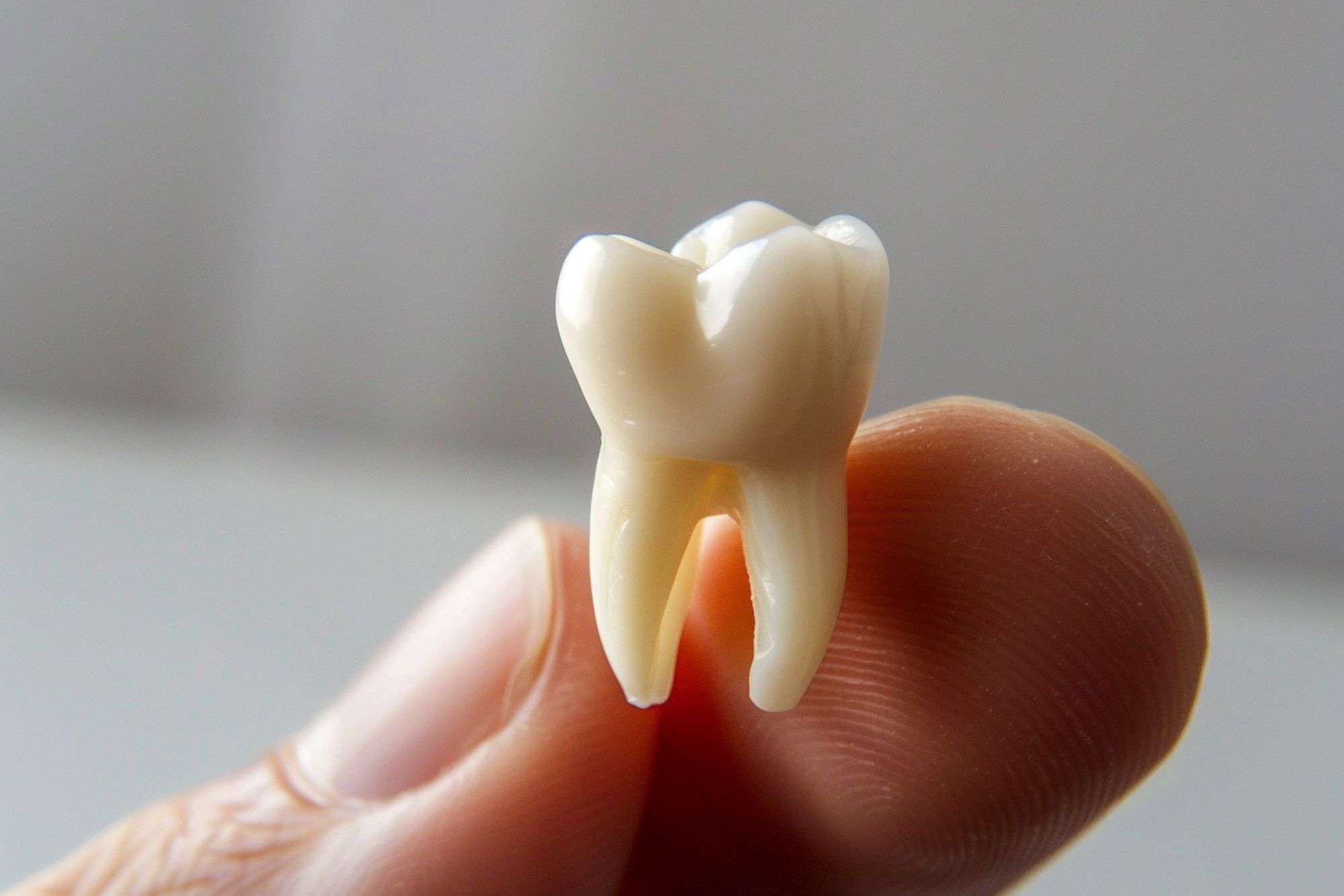 A small tooth model held between the fingers